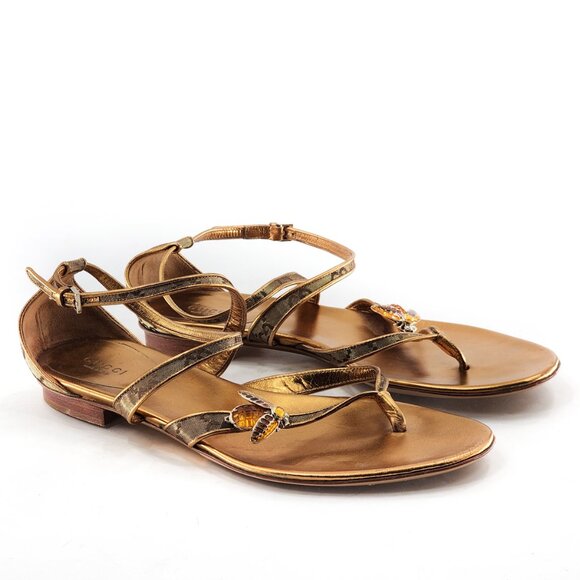 GUCCI Gold Leather Bumblebee Thong Sandal - Picture 5 of 13
